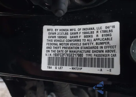 2016 Honda Civic Ex из США, поврежденный, VIN 19XFC2F7XGE217980